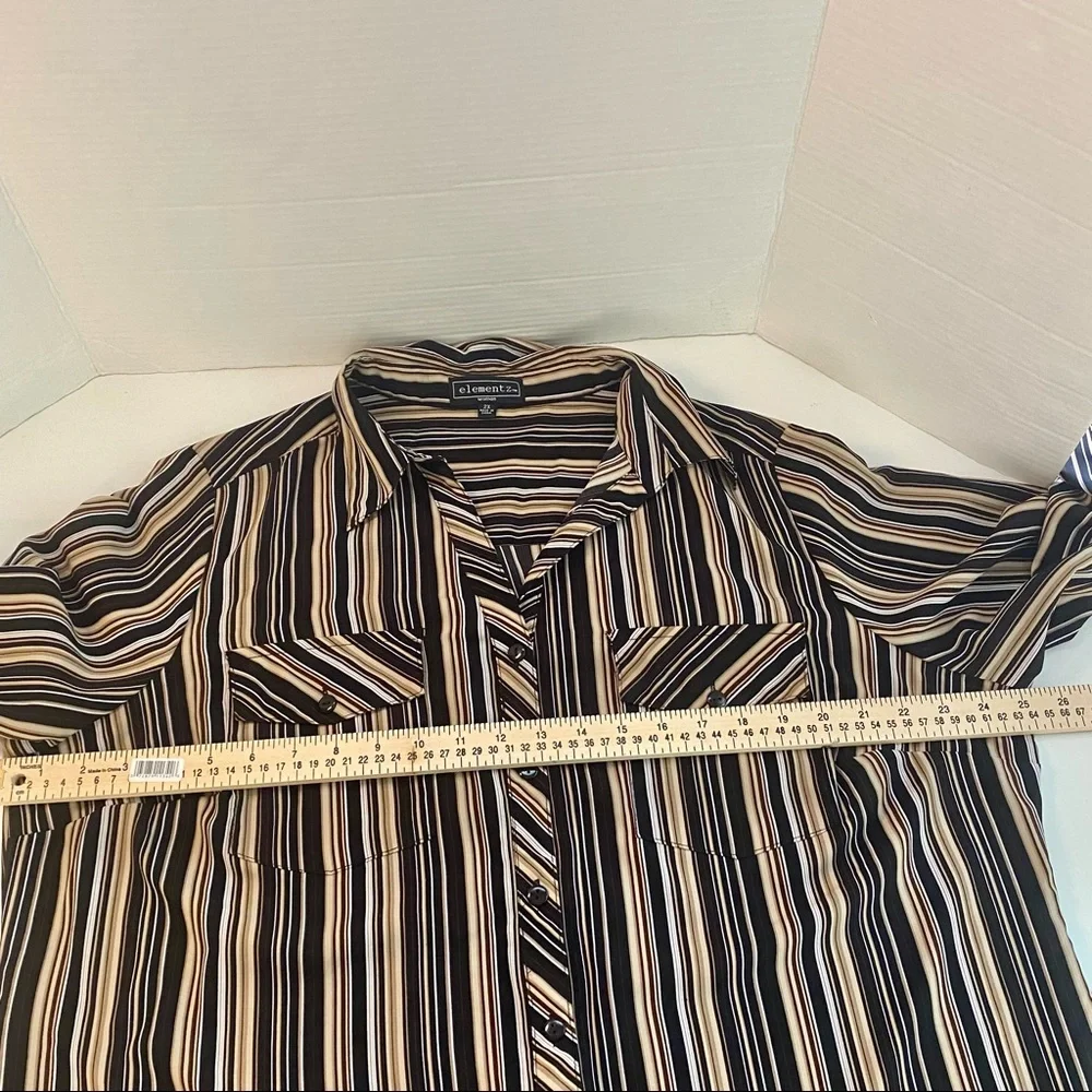 Elementz Stipped Blouse Roll-up Long Sleeve w/tab Brown, Tan, White 2X - Picture 9 of 10